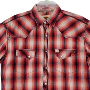Larry Mahan SS Shirt Men L Red Orange Plaid Pearl Snap Cowboy Western Cotton
